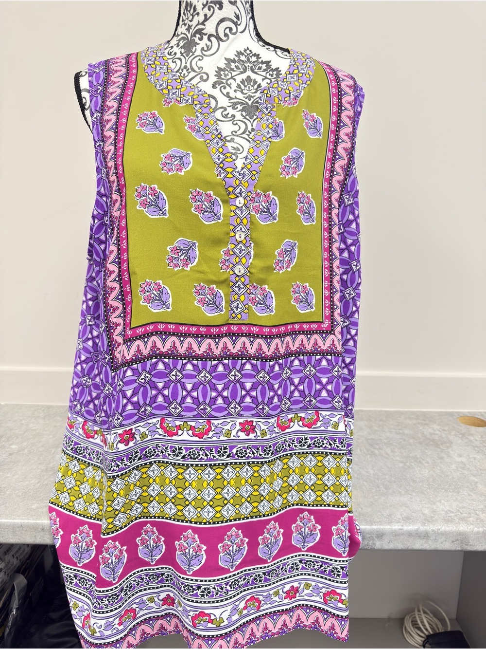 Vibrant Floral Patchwork Tunic - Olive, Purple & Pink XL